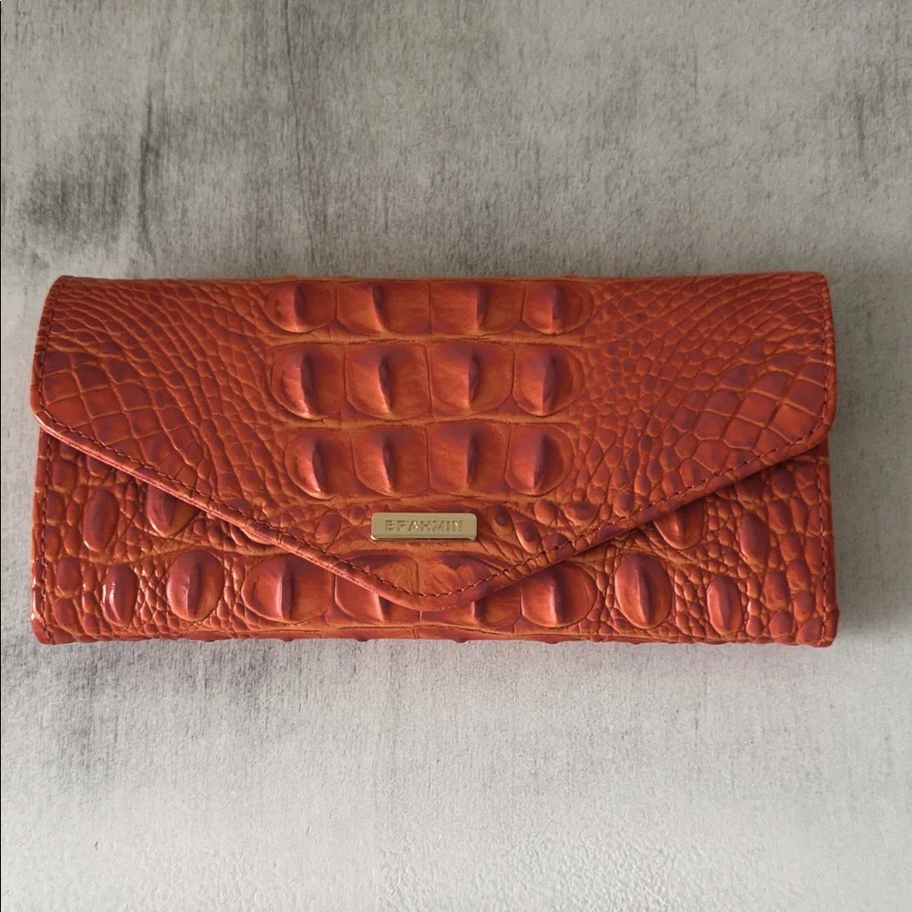 Brahmin Veronica Mandarin Orange Melbourne Gen Lth Envelope Wallet Croc Embosse
